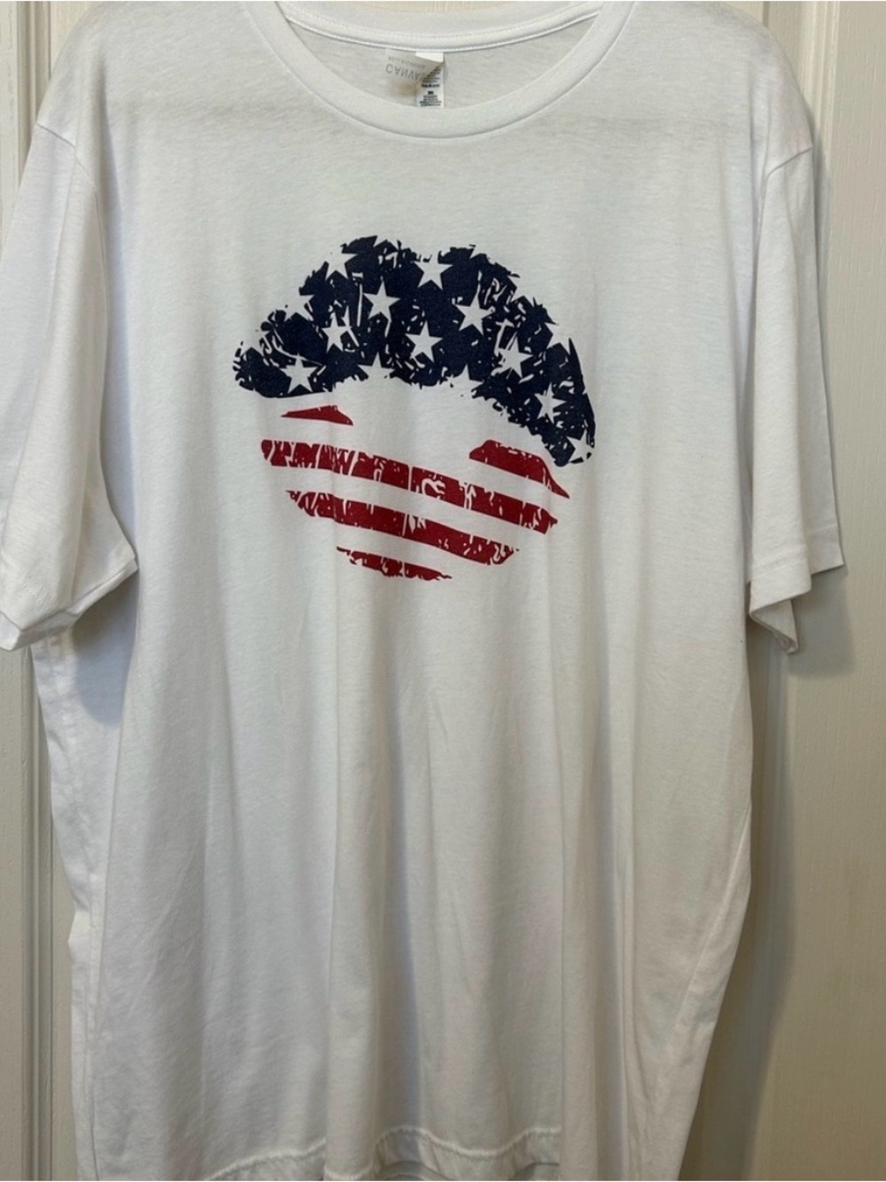 Bella Canvas White Short-Sleeve Tee with Red & Blue Flag Lip Graphic